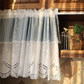 

L130xh53/115cm blue white striped half curtain cabinet semi-shading window curtain no rod short partition vine curtain