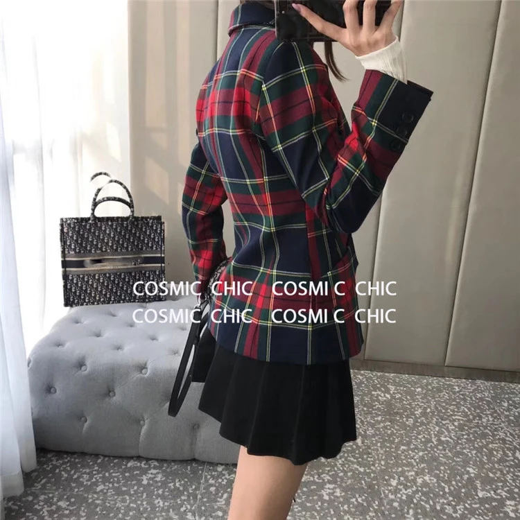 Cosmicchic 2109 осень-зима Для женщин красный шерстяной пиджак в шотландскую клетку двубортное пальто Винтаж взлетно-посадочной полосы Дизайн Блейзер Пальто или офисный стиль, верхняя одежда для детей