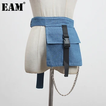 

[EAM] Denim Pocket Chain Split Joint Long Wide Belt Personality Women New Fashion Tide All-match Spring Autumn 2020 1Z430