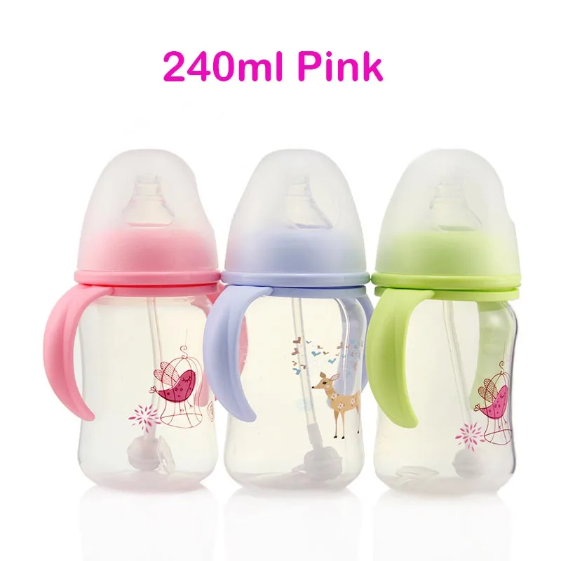 240ML Pink Красивая Детская Бутылочка с соломинкой для новорожденных и детей постарше, бутылочка для питья детей широкого калибра, бутылочки для молока 240/320 мл - Цвет: 240ML Pink