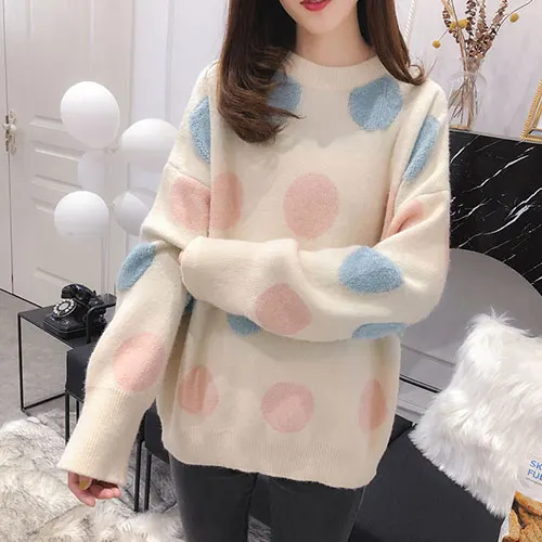 Бежевый Женский милый sweater в горошек TIGENA, теплый вязаный свободный пуловер с длинным рукавом, джемпер для женщин на зиму - Цвет: Бежевый