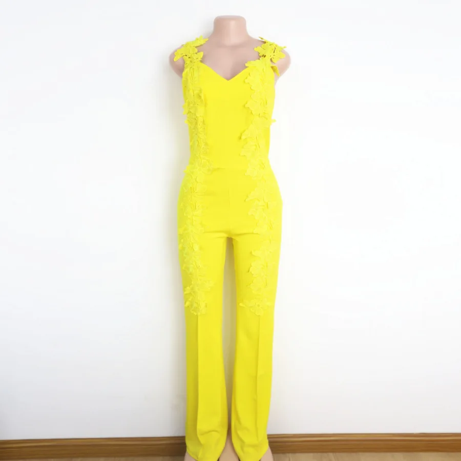 Women Summer Sexy Jumpsuits Yellow Overall Sleeveless Deep V Neck with Embroidery Slim Bodysuit Drop Shipping 2020 Plus Size XXL Women Summer Sexy Jumpsuits Yellow Overall Sleeveless Deep V Neck with Embroidery Slim Bodysuit Drop Shipping 2020 Plus Size XXL