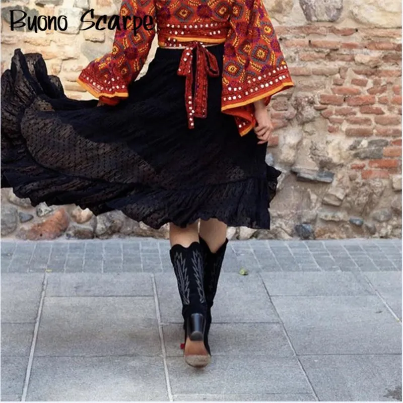 Women Knee Boots Natural Suede Embroidered Women Boots