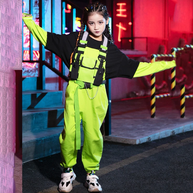Splicing Top Hip Hop Dance Clothing Kids Fluorescent Green Suit Jazz Dancing Clothes Festival Children Ropa Stage Outfit | Тематическая