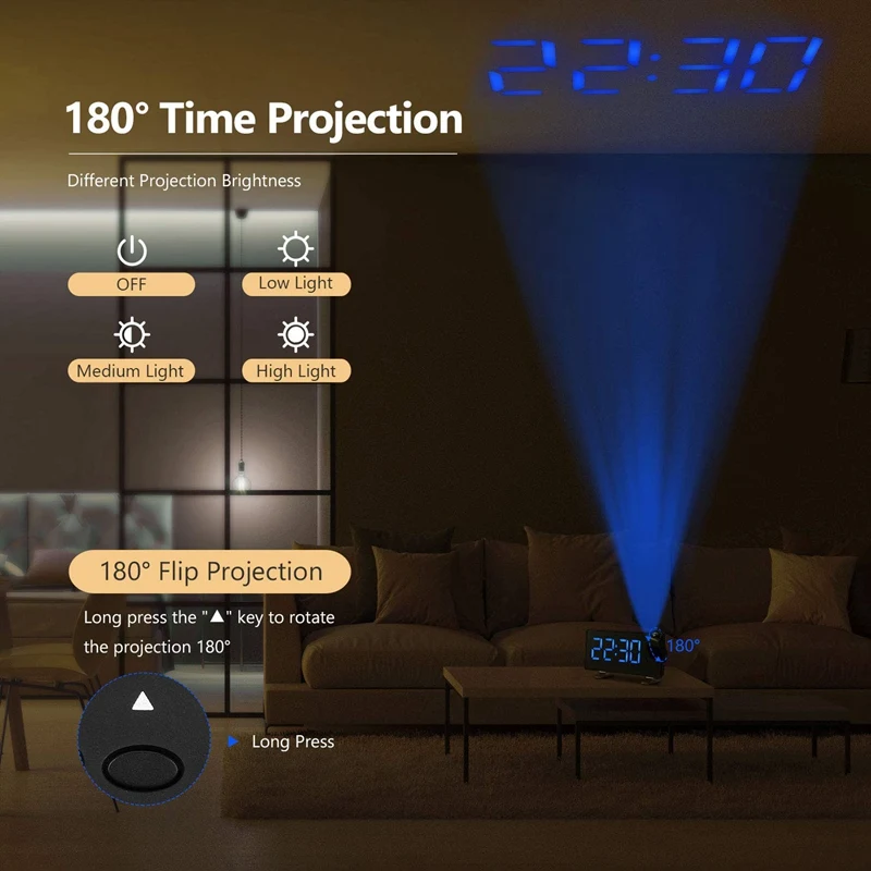 Projection Alarm Clock, 7 inch LED Curved-Screen Large Digital Display, Adjust Brightness Automatically, 12/24 Hour,Dual Alarm C