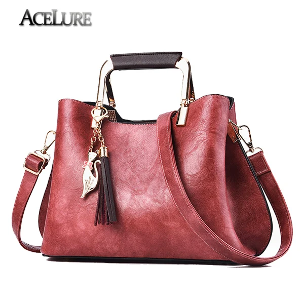 ACELURE Роскошная качественная женская кожаная повседневная сумка-тоут винтажная женская сумка на плечо с кисточками Брендовые женские сумки с блестками сумка-мессенджер - Цвет: rubber red