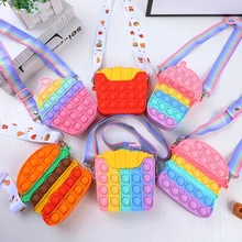 

Cute Pop Bag Push Pop Bubble Fidget Toy Shoulder Bag Popper Purse Frappe Cupcake Hamburger Chips Shape Silicone Sensory Squishy