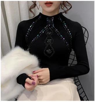 

2020 Women Autumn Winter Luxury Crystal Sequined Knitted Sweater Female Elastic Pullovers Full Sleeve Stand Collar Women Jumper