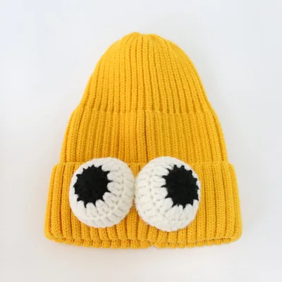 Beanies/детская шапка; теплая зимняя вязаная Милая шапочка для девочек и мальчиков с помпоном и большими глазами; детская повседневная шапка на Хэллоуин; От 1 до 8 лет - Цвет: Цвет: желтый