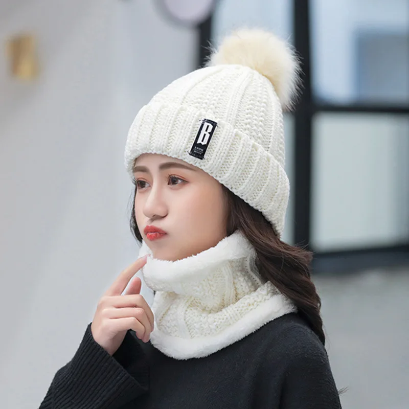 Intimate Design Women Winter Beanie PomPom Hat Thick Warm Soft Neck Warmer Knit Balaclava Soft Fabric Not Easy To Pilling