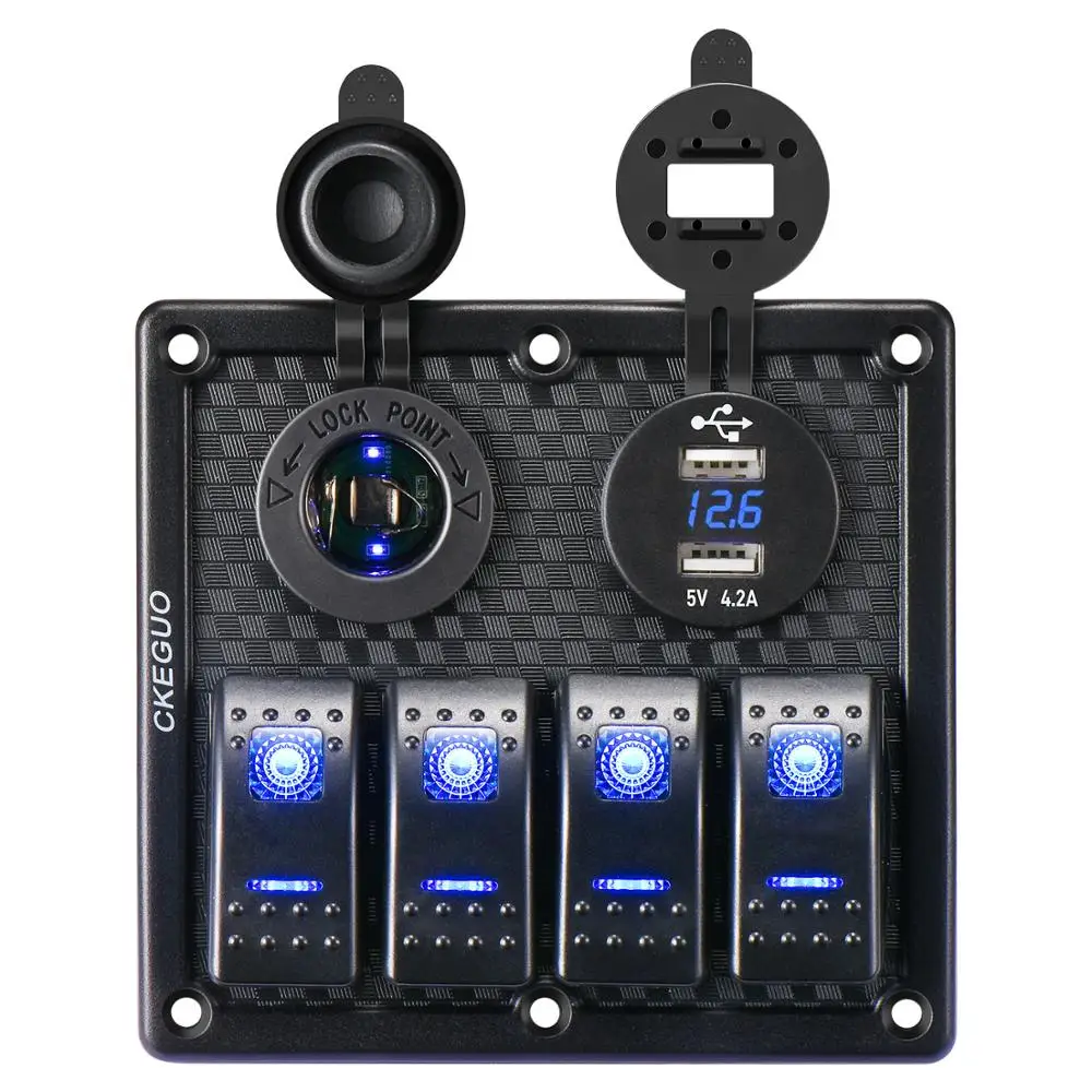 

4 Gang LED Rocker Switch Panel Digital Voltmeter Dual USB Port 12V Outlet Combination Car Marine LED Rocker Switch Panel