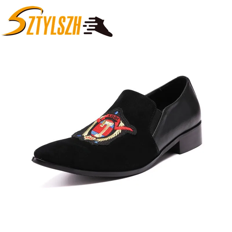 

Italian Formal Men Dress Shoes Genuine Leather Business Wedding Shoes Pointed Toe Loafers Male Flats Embroider Moccasins Shoes