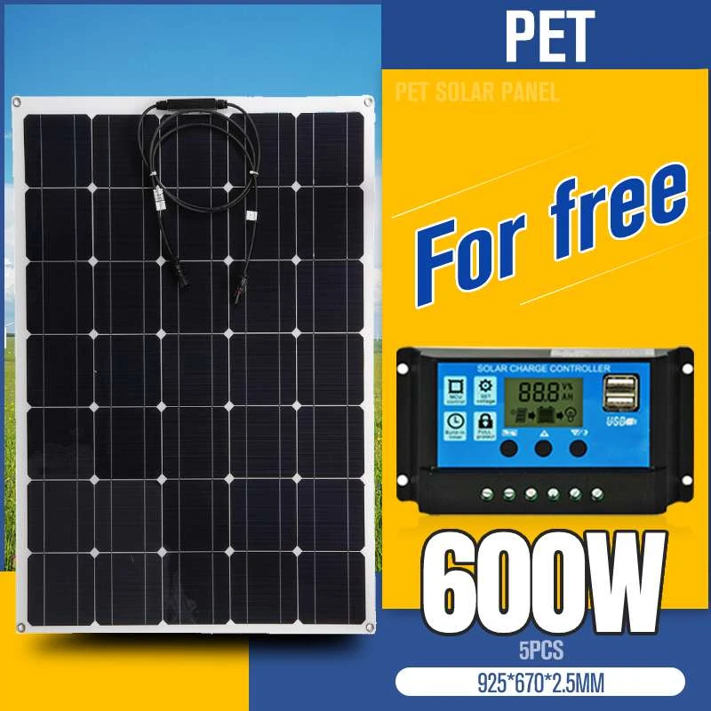 Panel Solar de 600W 18V, Banco de energía Solar, sistema de de luz LED