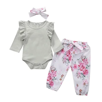 

Autumn Baby Girl Long Clothes Sleeve Romper Tops Flower Pants Headband Casual Costume Set