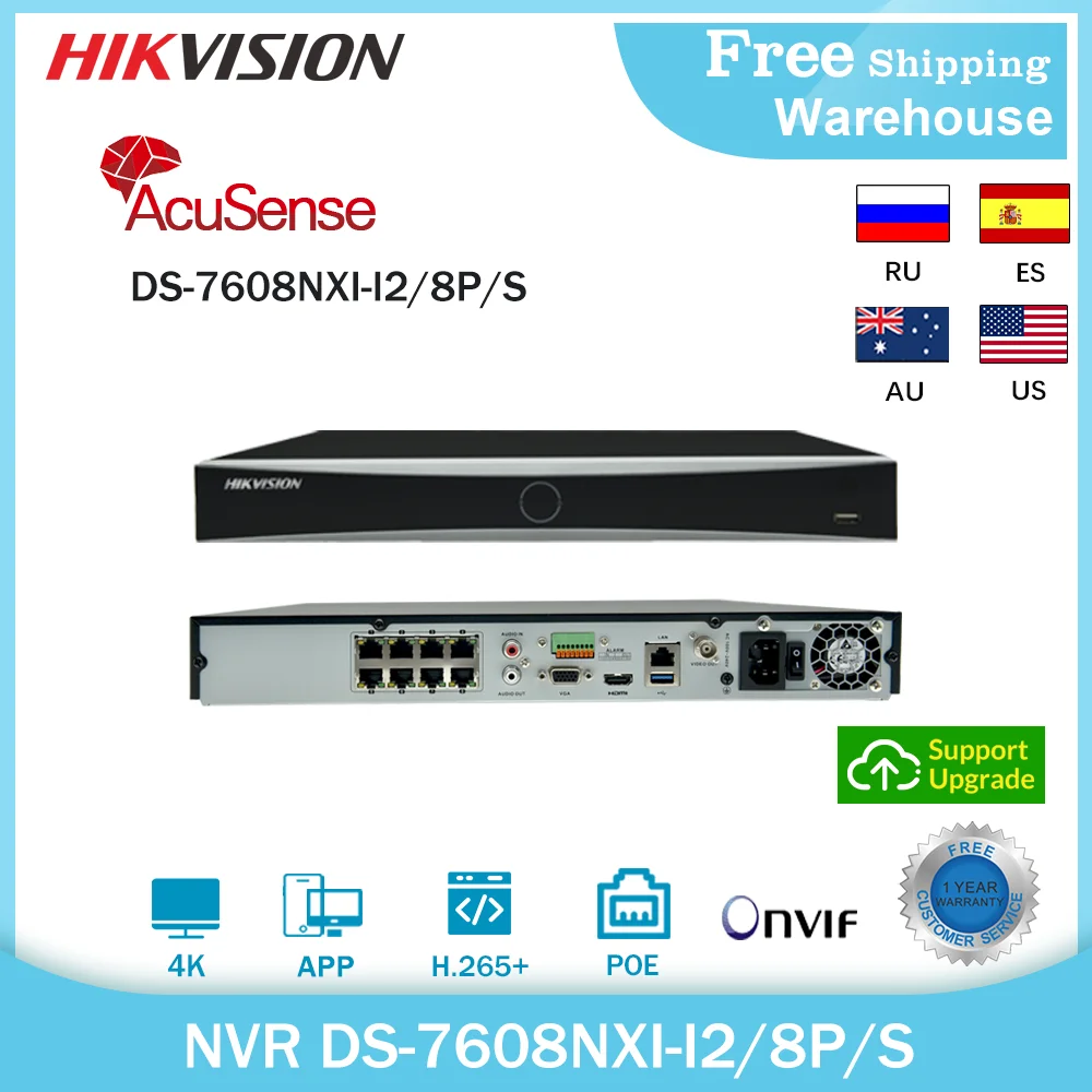 Hikvision 4K AcuSense NVR DS-7608NXI-I2/8P/S 12MP 8CH POE H.265+ 2SATA   CCTV Video Recordere For IP Camera Security System