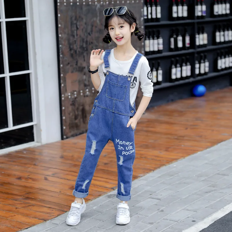 Jeans suit 2 sets YK1066 джинсовый костюм на лямках для девочек Новинка 20120 года; сезон осень; детский модный джинсовый костюм на лямках с буквенным принтом и длинными рукавами среднего и большого размера - Цвет: Jeans suit 2 sets