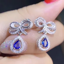 Натуральный голубой сапфир или рубиновые серьги-капельки с бантом,, Стерлинговое Серебро 925 пробы, 0.5ct* 2шт, драгоценный камень# S99252