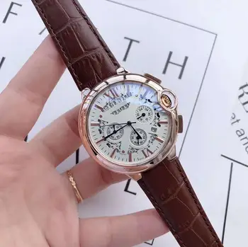

Rose Gold luxury brand men Automatic watch Glass open back 44mm 1:1 leather strap AAA quality All sub dials works