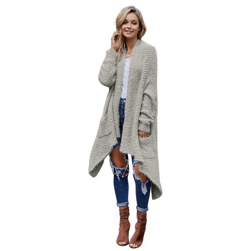 Gray Sweater SEBOWEL женские вязаные большого размера, мешковатые длинные свитера кардиган пальто карманы женский открытый передний высокий низкий зимний теплый свитер одежда - Цвет: Gray Sweater