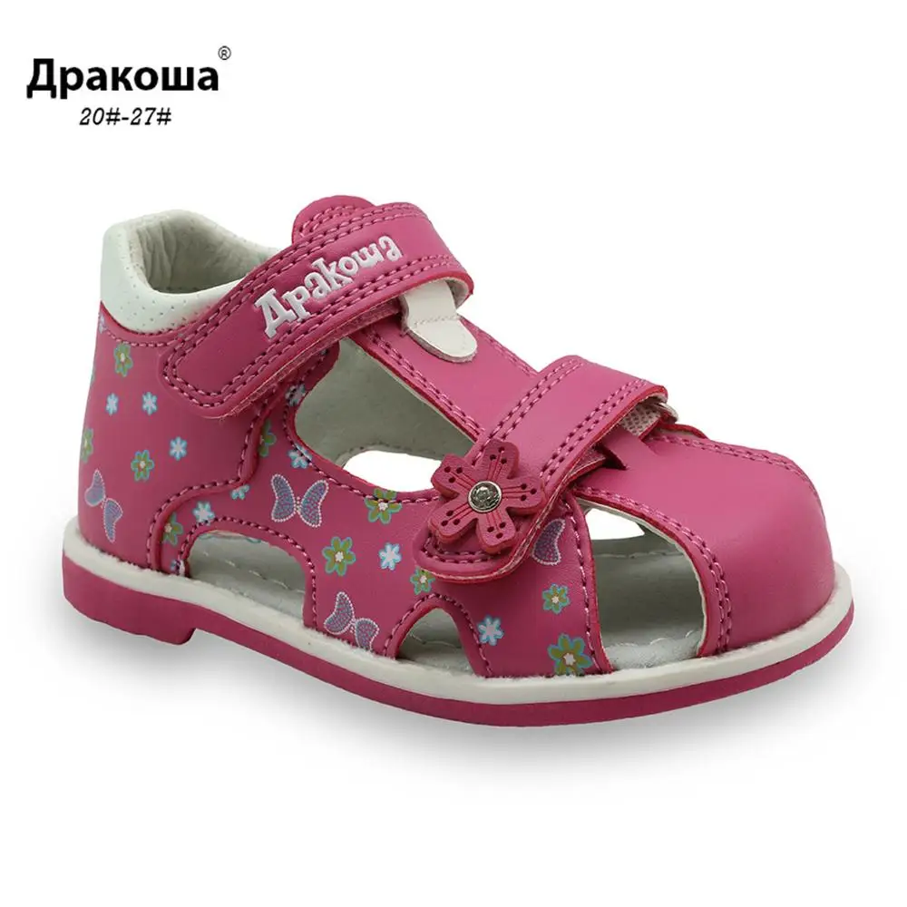Apakowa-Sandalias de PU con doble gancho y bucle para niños, zapatos bonitos con estampado de flores, soporte para ARCO, para niñas pequeñas