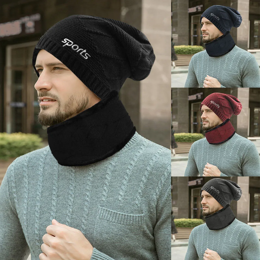 Зимние вязаные шапки, шарфы, Мужская зимняя теплая шапка, шапка с воротником, набор плюс бархатная Толстая вязаная шапка и глушитель, Czapka Zimowa