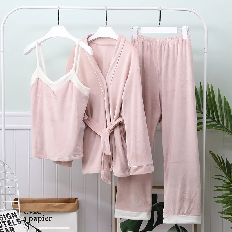 Pink Новинка, Женский бархатный комплект из 3 предметов, Элегантная пижама, Осенний Пижамный костюм, сексуальная пижама с длинным рукавом, пижама для женщин, халат, пижама - Цвет: Pink