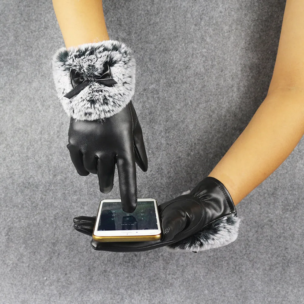 Женские зимние перчатки, перчатки на полный палец, ветрозащитные кожаные перчатки, осенне-зимние теплые элегантные варежки из искусственного кроличьего меха guantes