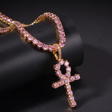4mm Pink Iced Ankh Cross Pendant Cubic Zirconia Tennis Chains Gold Silver Color Choker Necklace Hiphop Women Men Jewelry 4mm Pink Iced Ankh Cross Pendant Cubic Zirconia Tennis Chains Gold Silver Color Choker Necklace Hiphop Women Men Jewelry