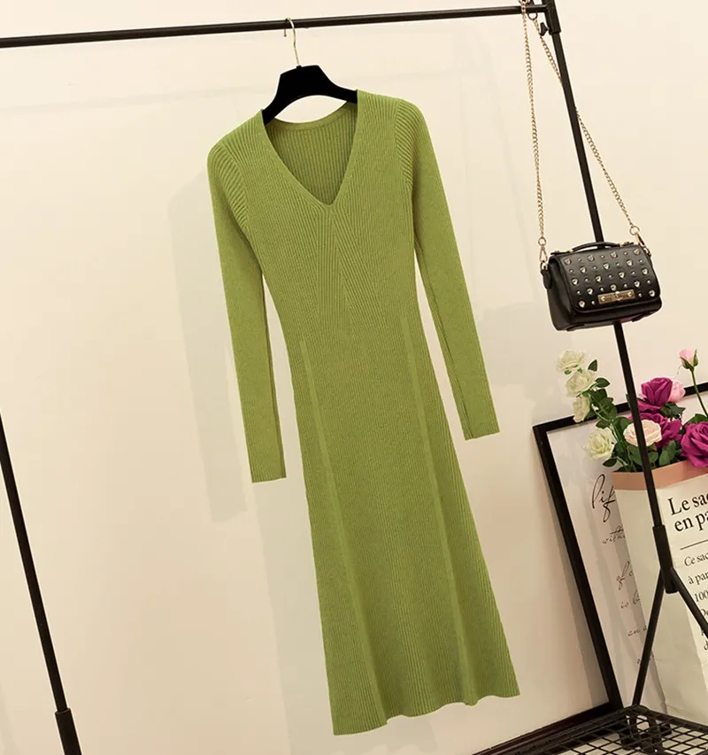GIGOGOU женское платье-свитер с v-образным вырезом, Осень-зима, толстый теплый пуловер, вязанное платье макси в рубчик, вечерние платья