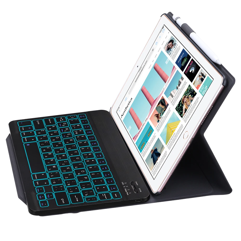 Чехол для IPad Air 1/Air 2/Pro 9,7 дюймов французская 7 цветов подсветкой Tablet Bluetooth Клавиатура Защитная крышка с Кожа Чехол Ручка слот