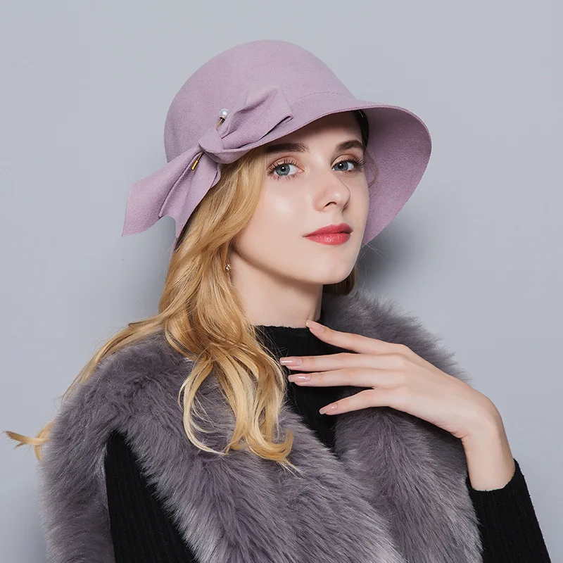 

Autumn & Winter New Style Bucket Hat Europe And America British Style Bow Pearl Brooch Wool Solid Color Bowler Hat Women's
