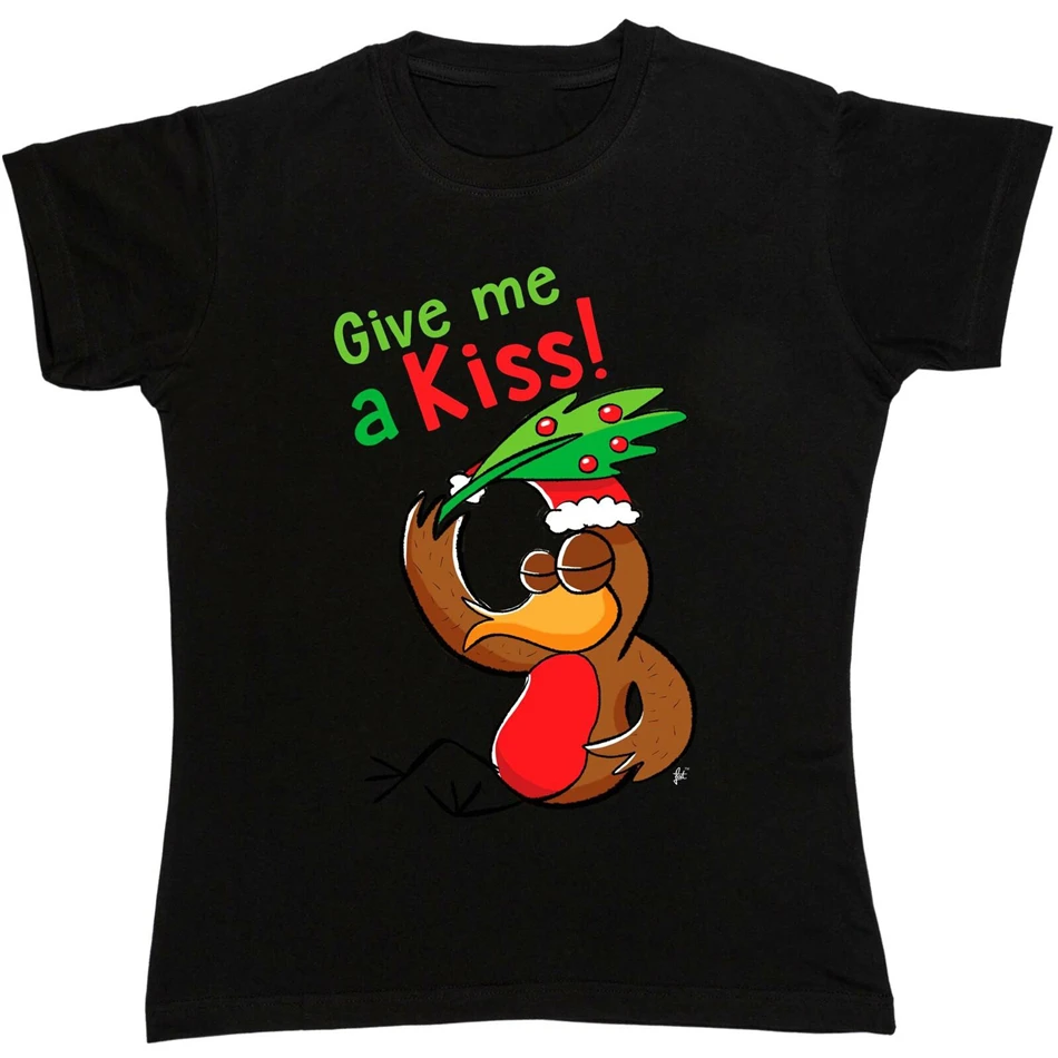 Женская футболка с круглым вырезом Robin Hat Give Me A Kiss and The Mistletoe Boyfriend Ретро стиль |
