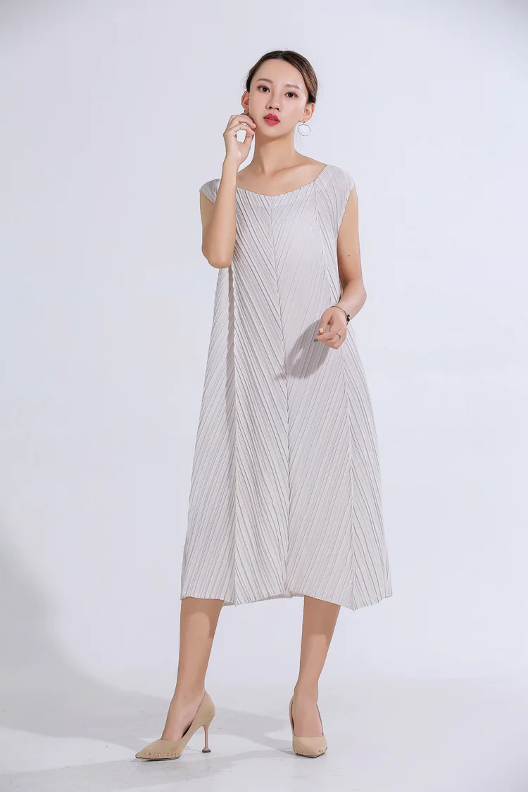 Miyake fold оригинальное дизайнерское однотонное свободное платье без рукавов с широким плечевым ремнем, тонкое женское платье