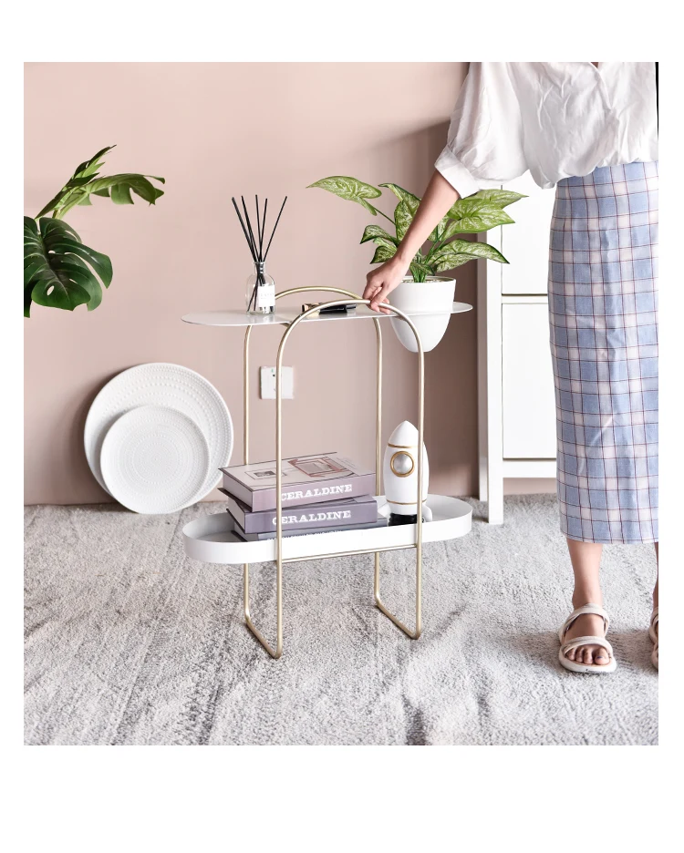 Nordic Pink Coffee Table Stroller Flower Stand Living Room Multi-function Storage shelf Mobile Sofa Side Tables Dining Cart