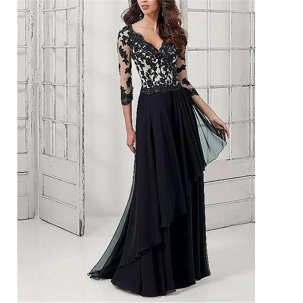 Изысканное Черное Шифоновое Платье Vestidos De Fiesta с рукавами 3/4 трапециевидной формы с аппликацией из бисера и рюшами, с бисером, длина до пола, вечерние платья - Цвет: black