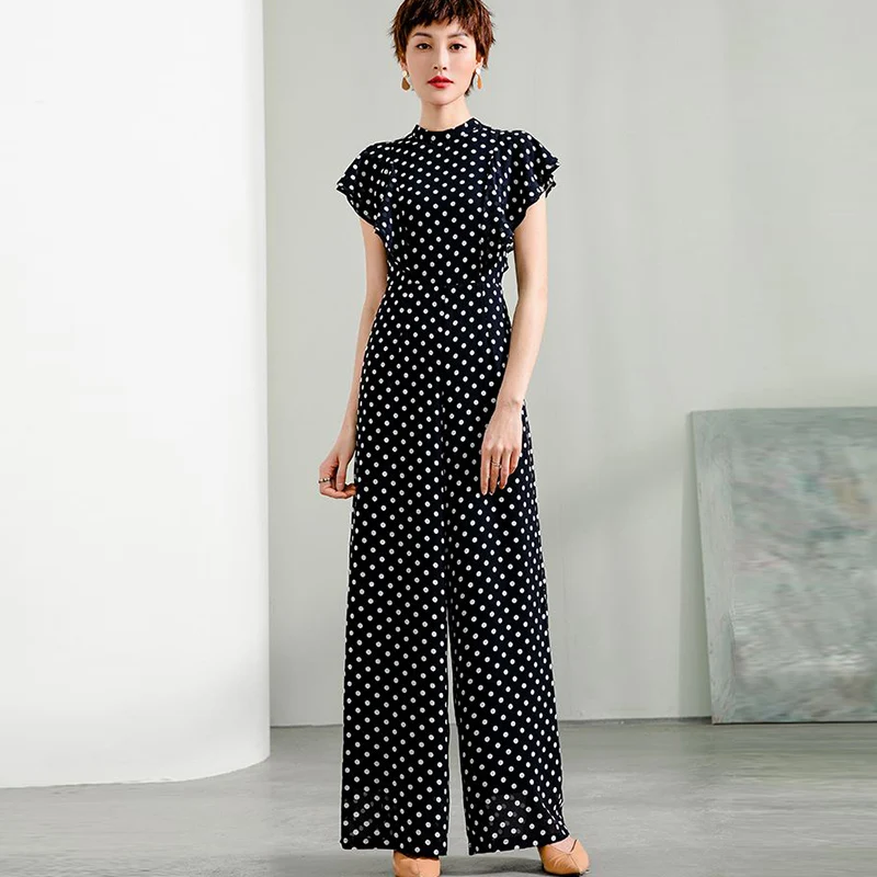 

2020 Women Summer Dot Jumpsuit Party High Street Chiffon Elegant Ruffles Wide Leg Black Rompers Plus Size 3XL 4XL