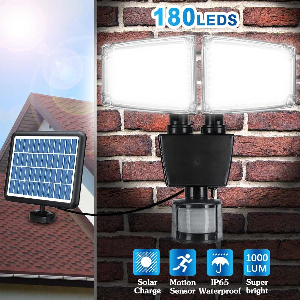 

1000LM 180 LED Two Head Solar Lamps PIR Motion Sensor Activated Waterproof Outdoor Flood Light for Entryways Patio Yard Gardren
