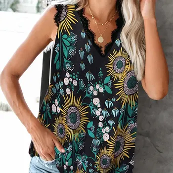 

Lace Patchwort Women's Blouse Floral Print Sleeveless V-neck Ladies Clothes Plu Size 3XL 2020 Summer Female Blouses Hot Sale