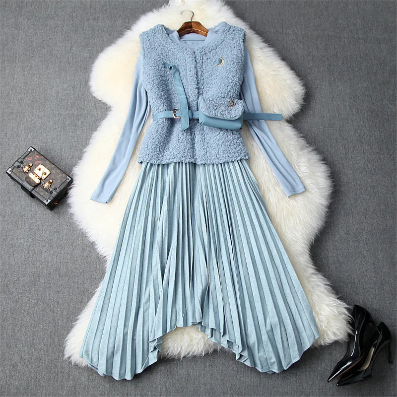 Высокое качество, осенне-зимние платья для женщин, новинка, дизайнерская Короткая Меховая куртка+ асимметричное плиссированное платье средней длины с длинным рукавом, 2 шт