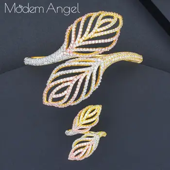 

ModemAngel leaves Rhinestones Wedding Jewelry Sets Three Color Layer Copper Braid Shape Ring Bangle Set Full Zircons Party