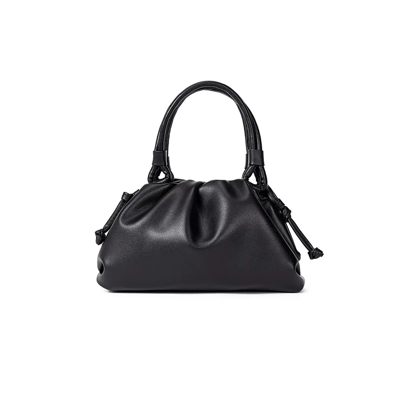 black women handbag cowhide Shoulder bag fashion pleated cloud bag - Цвет: black