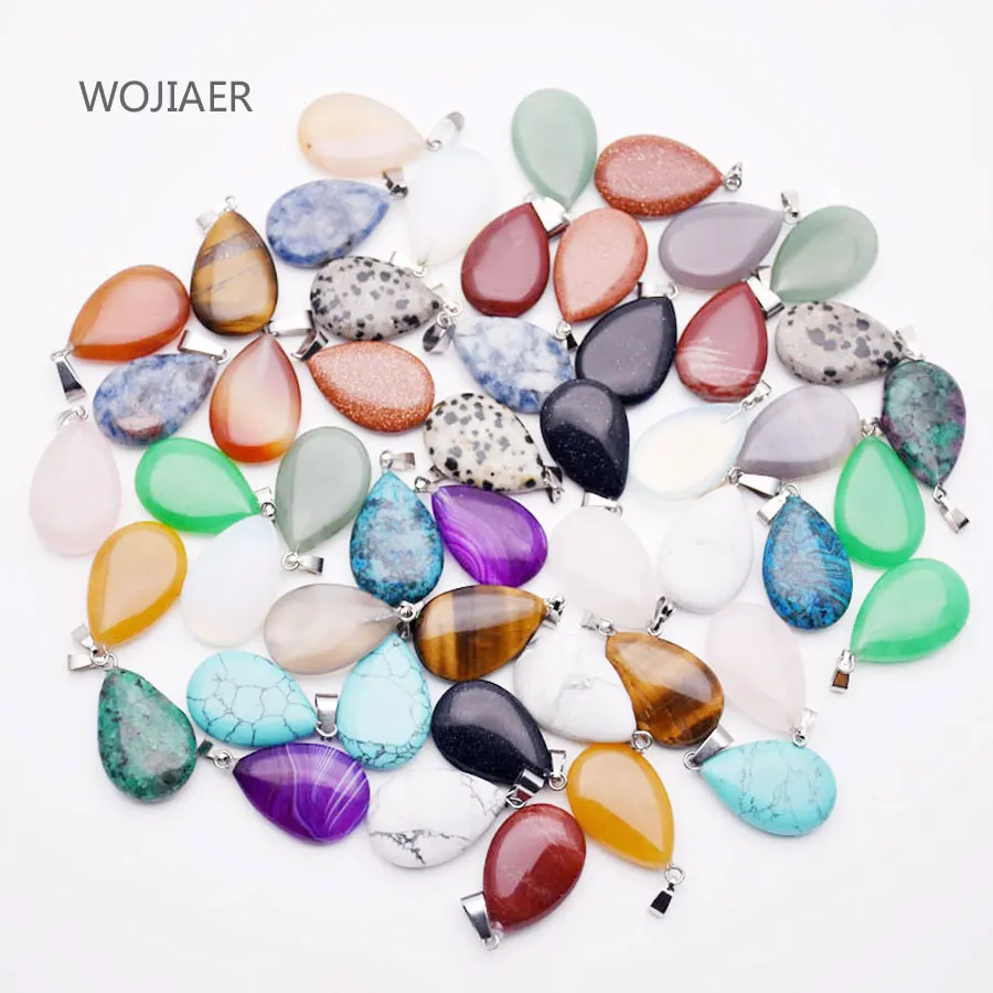 

WOJIAER Assorted Natural Stone Water Drop Pendants Pendulum Crystal Opalite obsidian Chakra Healing Reiki Beads 10Pcs/lot ZBM013