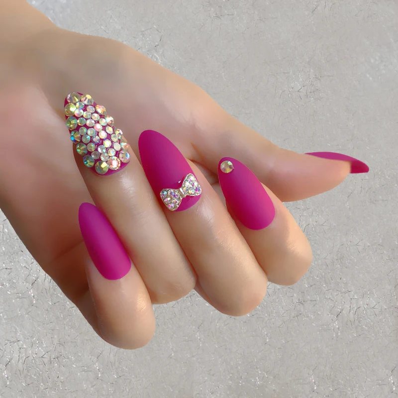 

Custom Luxury Bowknot Rhinestone Fake Nails Designer Pre-designed Nails Natural Stiletto AB Stones Decoration Tips 9Colors