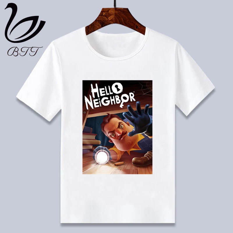 Funny Game Hello Neighbor Cartoon T Shirt Cartoon Print T-Shirt Designer Children Kids T Shirts Short Sleeved Child Clothes - Цвет: WhiteC