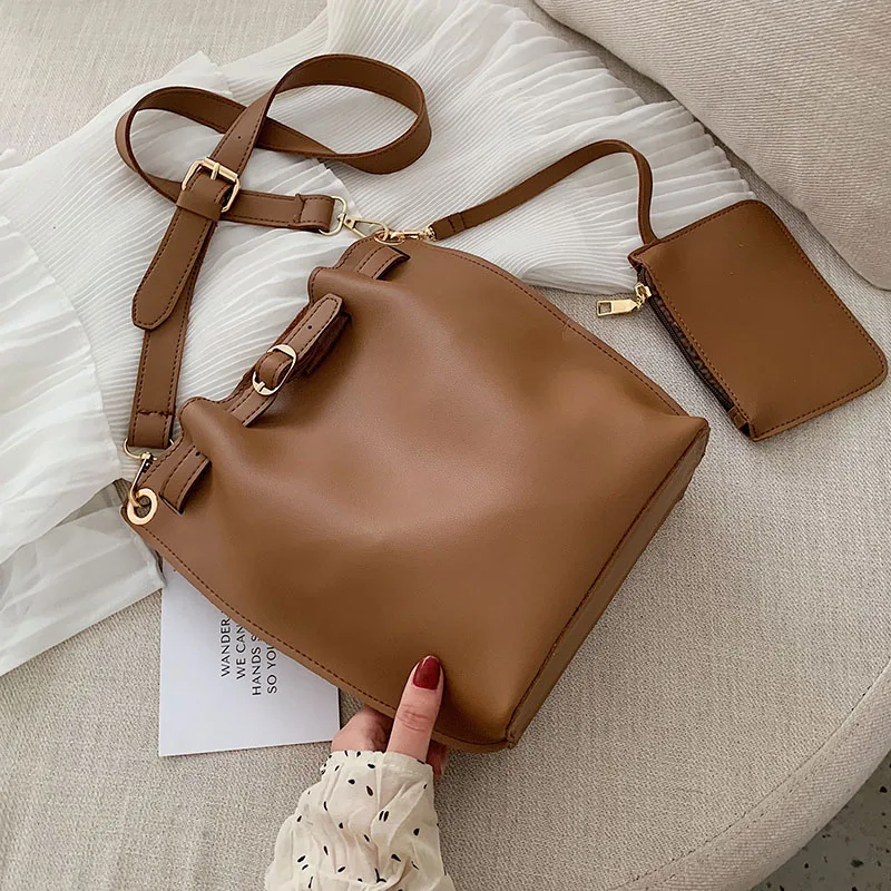

Solid Color Pu Leather Bucket Bags For Women 2019 Shoulder Messenger Bag Ladies Crossbody Bags Female Handbags