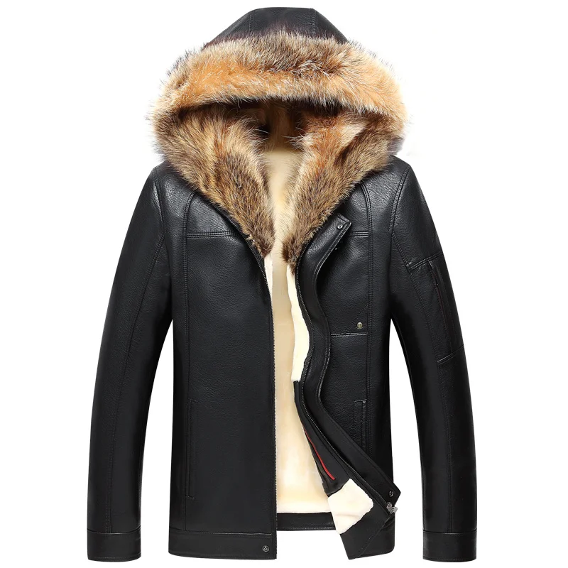 VSD New Winter Thicken Leather Jacket Men Raccoon Fur Collar Hooded Leather Jackets and Coats Casual Long Windproof Jacket Male