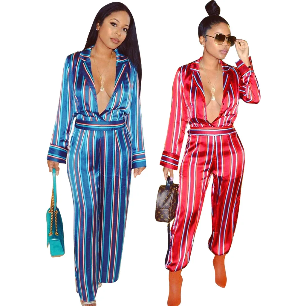 

2019 European and American women's fashion summer new long-sleeved stand collar sexy vertical striped print jumpsuit