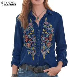 ZANZEA женское Винтажное с вышивкой на пуговицах, рубашки на пуху, осенняя джинсовая Блуза с длинными рукавами, Повседневная рубашка с