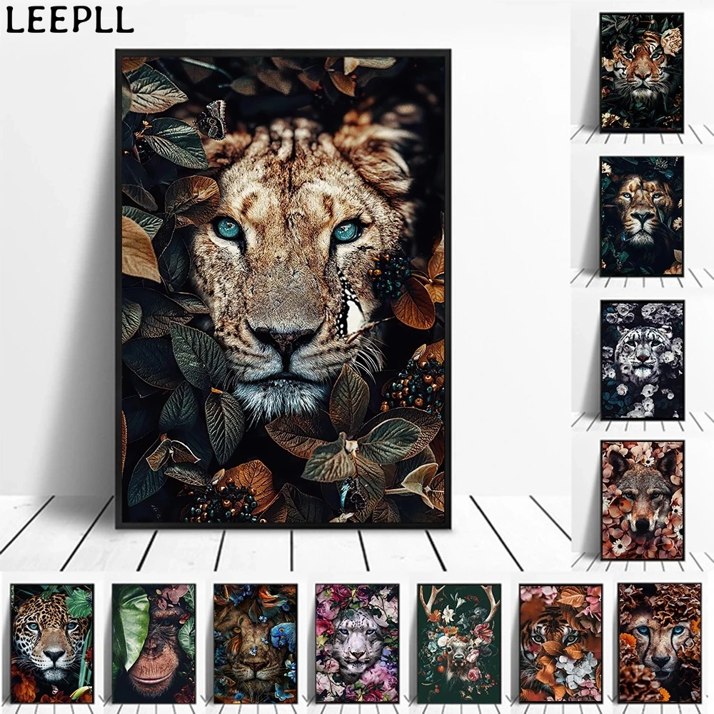 Animais em flores pintura em tela arte da parede leão cartaz tigre elefante alce orangotango imagem moderna clássica pintura decorativa