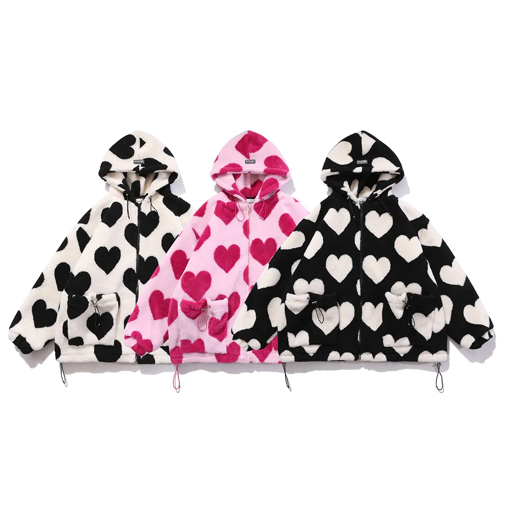 Aolamegs Cute Heart-shaped Print Lambswool Winter Jacket Men Drawstring Pockets Zipper Hooded High Street Warm Couple Streetwear